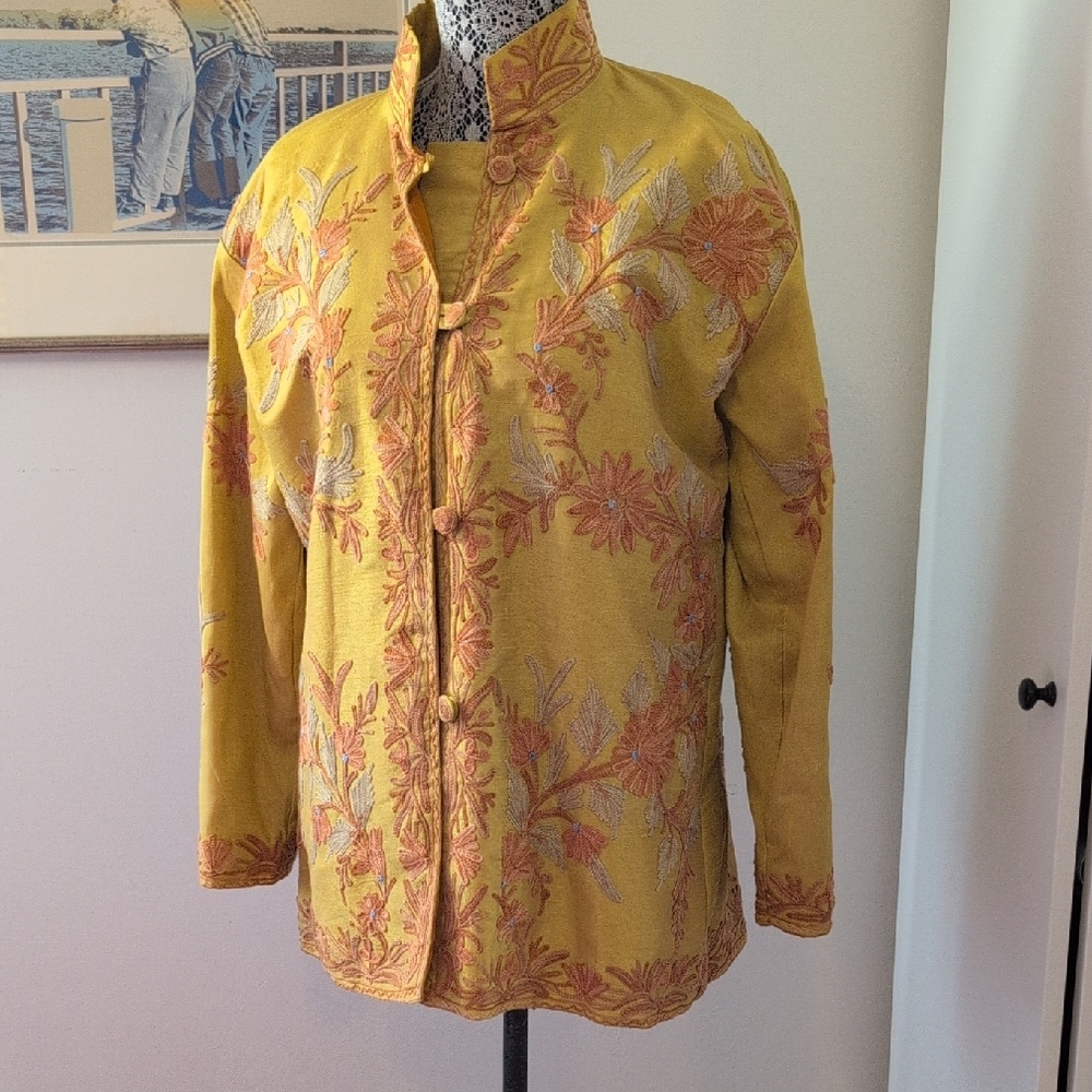 Kashmiri Embroidered Raw Silk Golden Yellow Jacket
